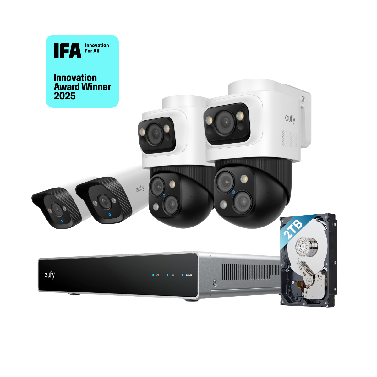 System bezpieczeństwa eufy NVR S4 White (8-kanałowy rejestrator NVR z 2 kamerami PoE Bullet-PTZ i 2 kamerami PoE Bullet)