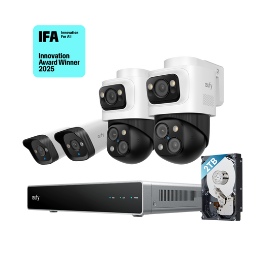 System bezpieczeństwa eufy NVR S4 White (8-kanałowy rejestrator NVR z 2 kamerami PoE Bullet-PTZ i 2 kamerami PoE Bullet)